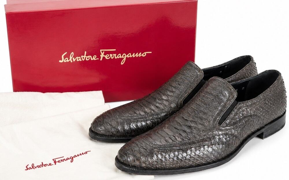 Salvatore Ferragamo Brisbane Gray Python Snakeskin Loafers Mens 10 Italy Box